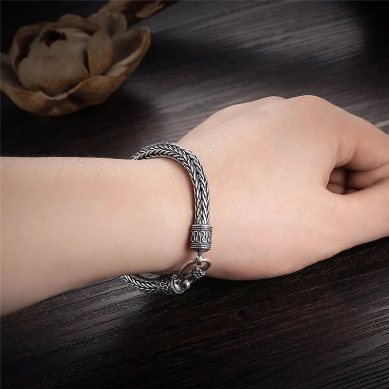 BOCAI New Trend S925 Silver Jewelry Peace Pattern RetroHand-woven Hemp Rope Chain Thick Style Men's Keel Bracelet Christmas Gift