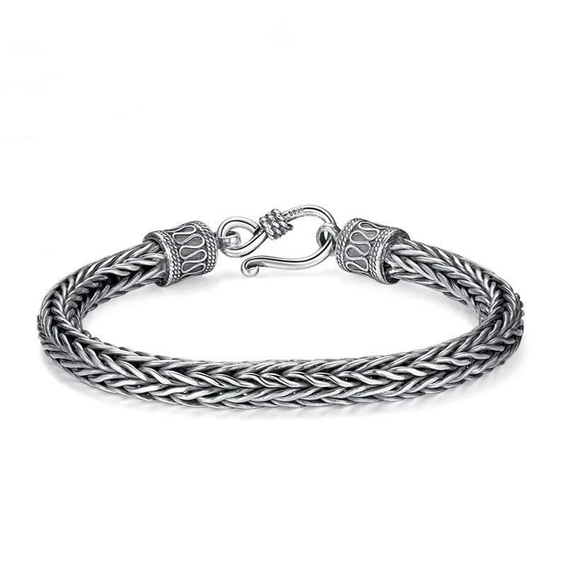 BOCAI New Trend S925 Silver Jewelry Peace Pattern RetroHand-woven Hemp Rope Chain Thick Style Men's Keel Bracelet Christmas Gift