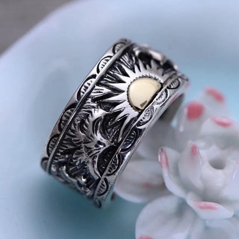 BOCAI  S925 Stetrling Silver Charm Rings  2021 Popular Sun Retro Totem Pure Argentum Fashion Hand Ornaments for Men