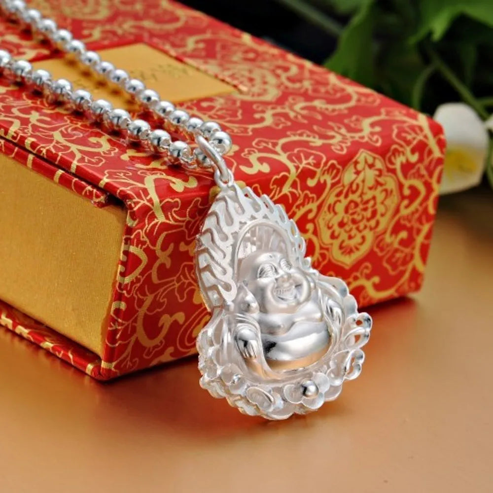 BOCAI  New S999 Silver Jewelry Accessories Laughing Buddha Maitreya Buddha Man and Woman Pendant