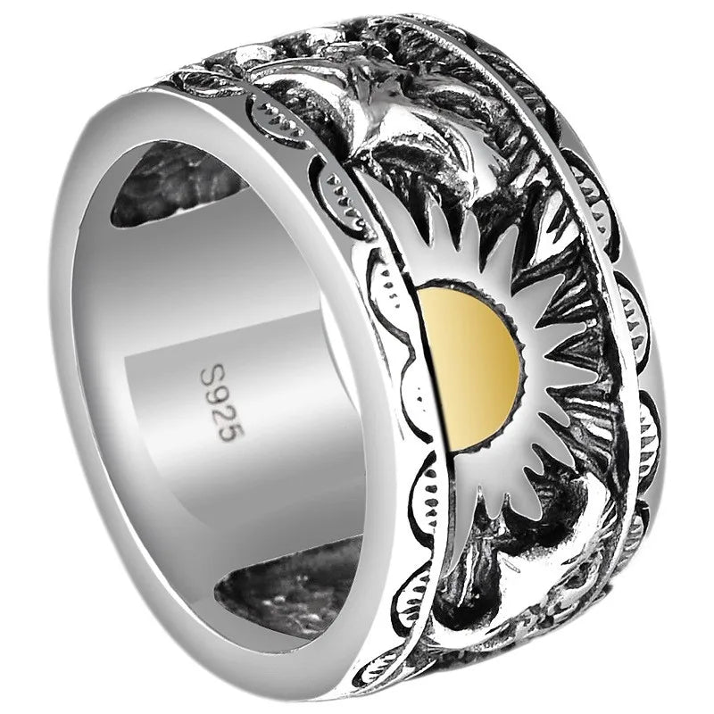 BOCAI  S925 Stetrling Silver Charm Rings  2021 Popular Sun Retro Totem Pure Argentum Fashion Hand Ornaments for Men