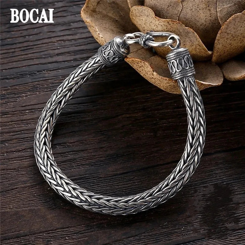 BOCAI New Trend S925 Silver Jewelry Peace Pattern RetroHand-woven Hemp Rope Chain Thick Style Men's Keel Bracelet Christmas Gift