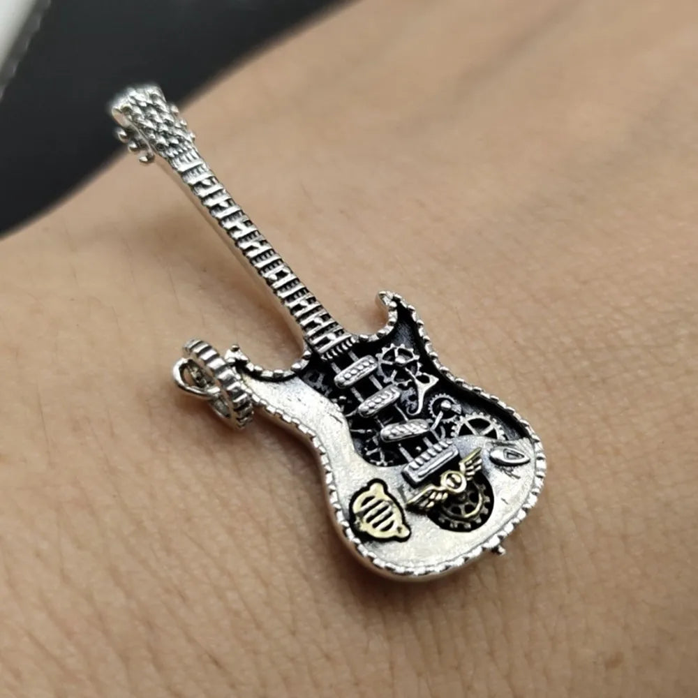 BOCAI New Real S925 Sterling Silver Punk Style Guitar Pendant for Men and Women Personalized Hip-Hop Fashion Couple Jewelry