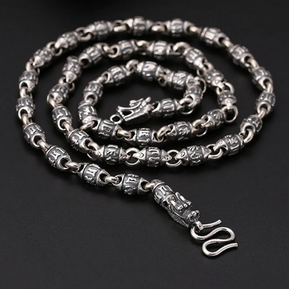 BOCAI New Real S925 Sterling Silver Jewelry 6MM Trend Personality Six-character Mantra Barrel Beads Dragon Head Man Necklace