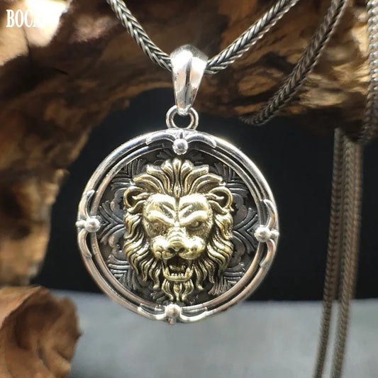 BOCAI 100% New style s925 Silver Street Fashion Lion Head Medallion endant Retro Hip-Hop Personality Men's Pendant