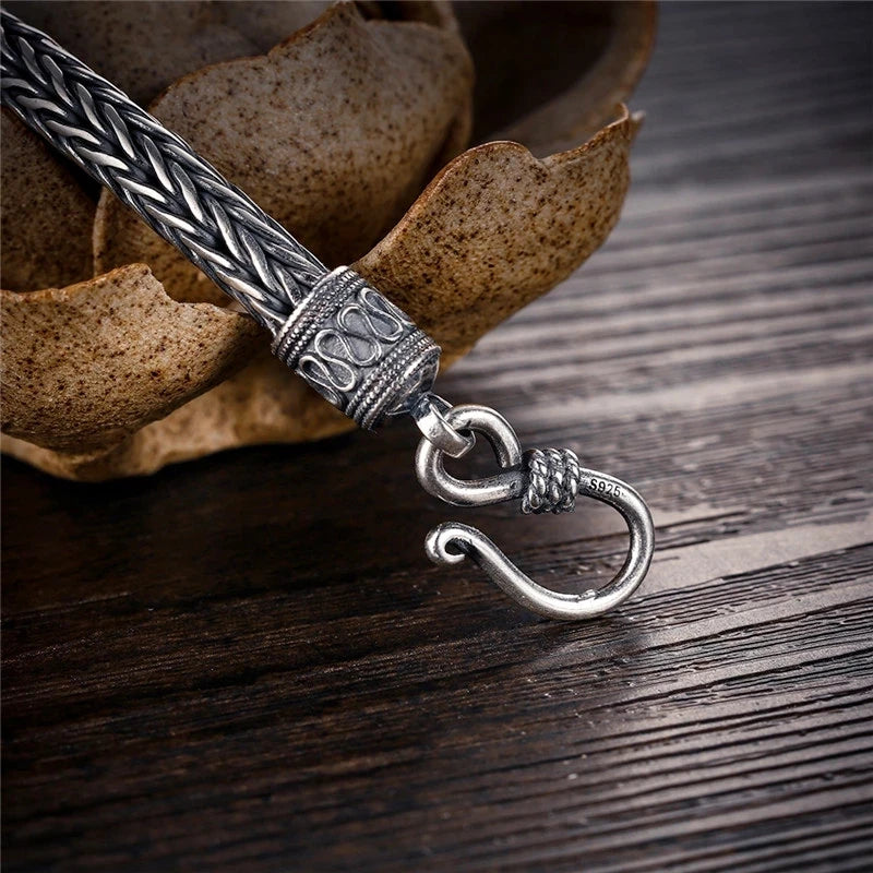 BOCAI New Trend S925 Silver Jewelry Peace Pattern RetroHand-woven Hemp Rope Chain Thick Style Men's Keel Bracelet Christmas Gift