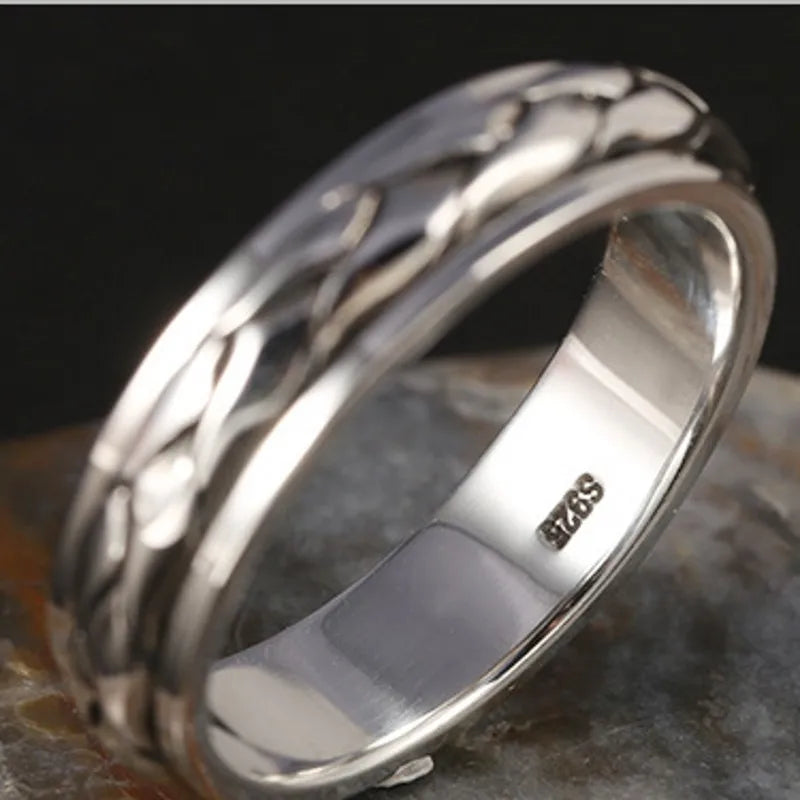 BOCAI  Trend Real S925 Silver Good Luck Men's Ring Retro Personality Simple and Rotatable Couple Ring