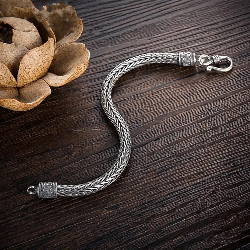 BOCAI New Trend S925 Silver Jewelry Peace Pattern RetroHand-woven Hemp Rope Chain Thick Style Men's Keel Bracelet Christmas Gift