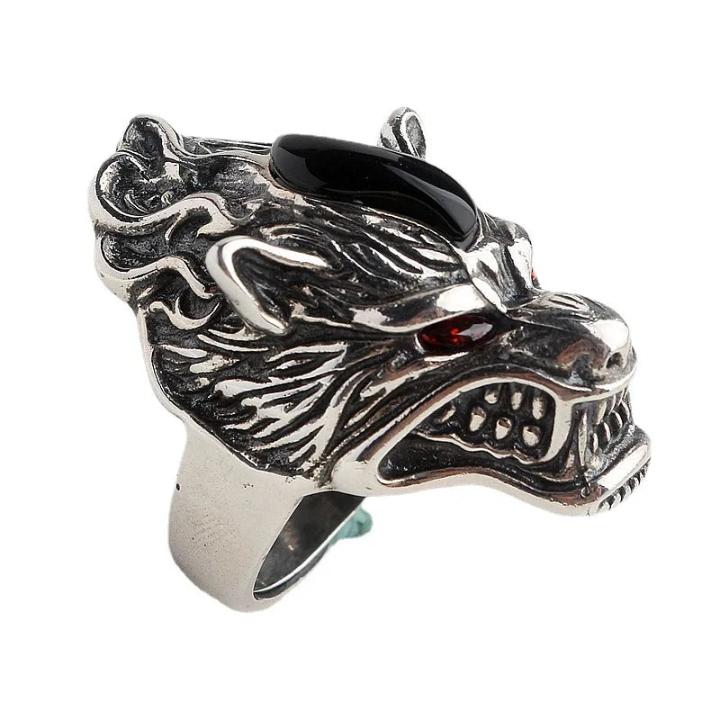 BOCAI New Real S925 Silver Punk Style Exaggerated Atmosphere Rough Wolf Head Man Ring Fashion Rock Jewelry Accessories