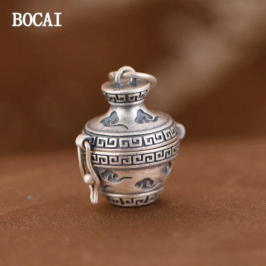 BOCAI  New S925 Silver Retro Simple Compact With The Character 'fu' Gourd Gawu Box Pendant Male and Female