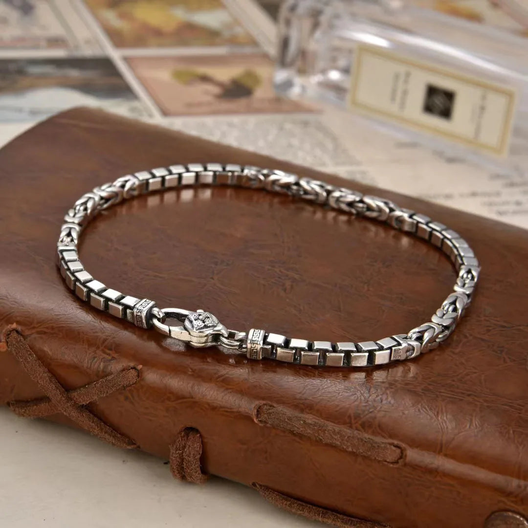 S925 Sterling Silver Personalized Fashion Ping An Pattern, Box Spliced Square Bracelet Gift for Men and Women