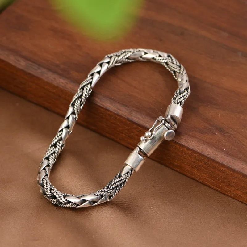 BOCAI New S925 Silver Vintage Fashion Woven Whip Chain Men's Bracelet Gift