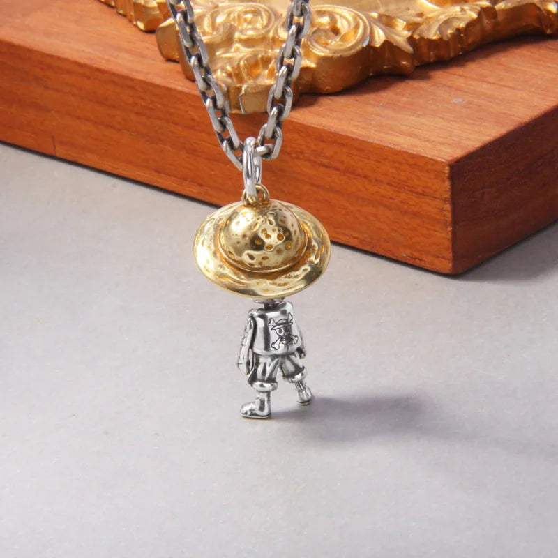 BOCAI New S925 Sterling Silver Vintage Personalized Trendy Cartoon Doll Straw Hat Man Pendant Male and Female