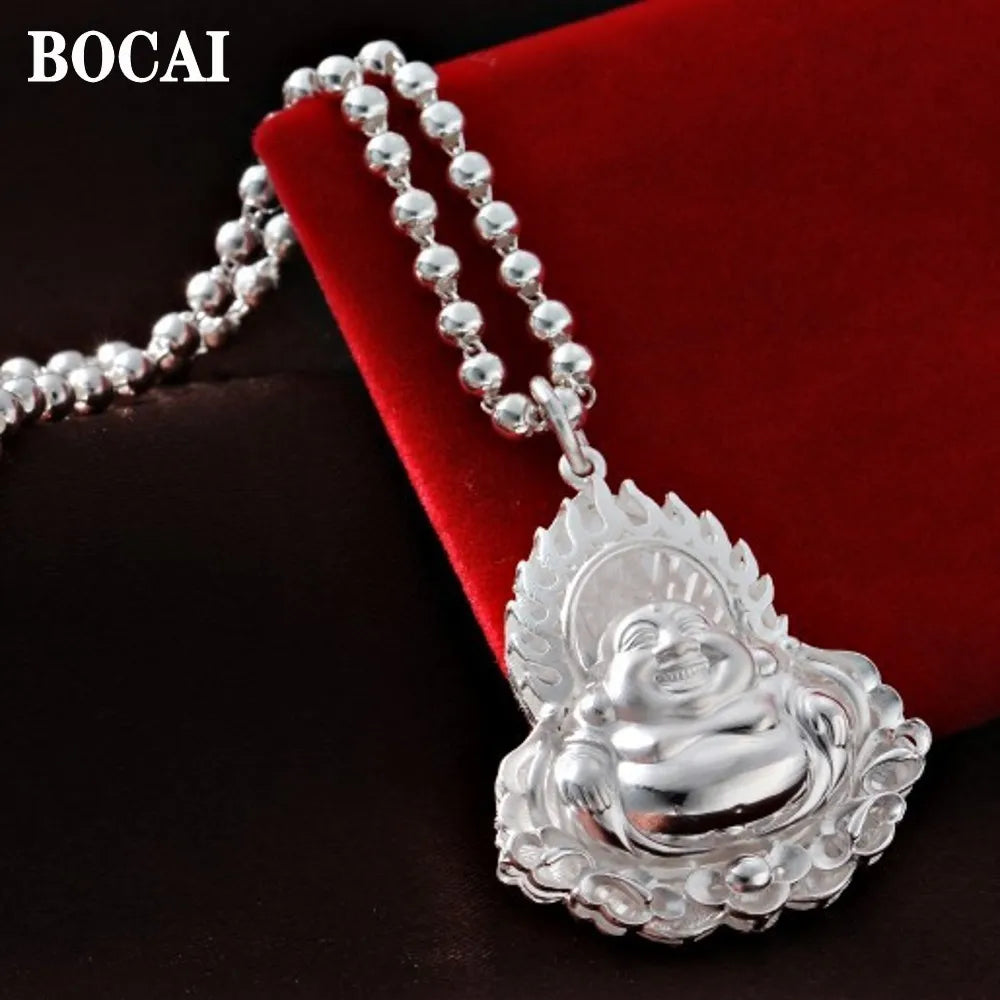 BOCAI  New S999 Silver Jewelry Accessories Laughing Buddha Maitreya Buddha Man and Woman Pendant