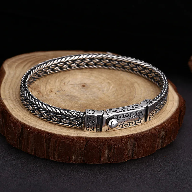 BOCAI New Real S925 Silver Bracelet for Man Personality Woven Bracelet 8MM Domineering  Retro Fashion Holiday Gifts