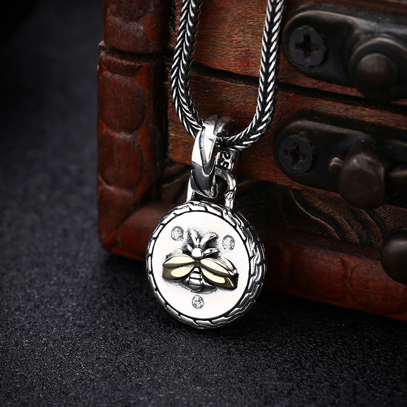 BOCAI New S925 Sterling Silver Retro Personalized Trendy Niche Round Card Little Bee Pendant Men Gift