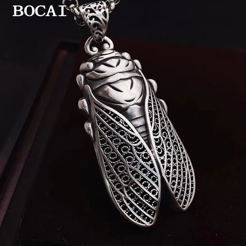 BOCAI NEW S999 Sterling Silver Retro Trendy Stunning Filigree Cicada Pendant Men's and Women's Gift