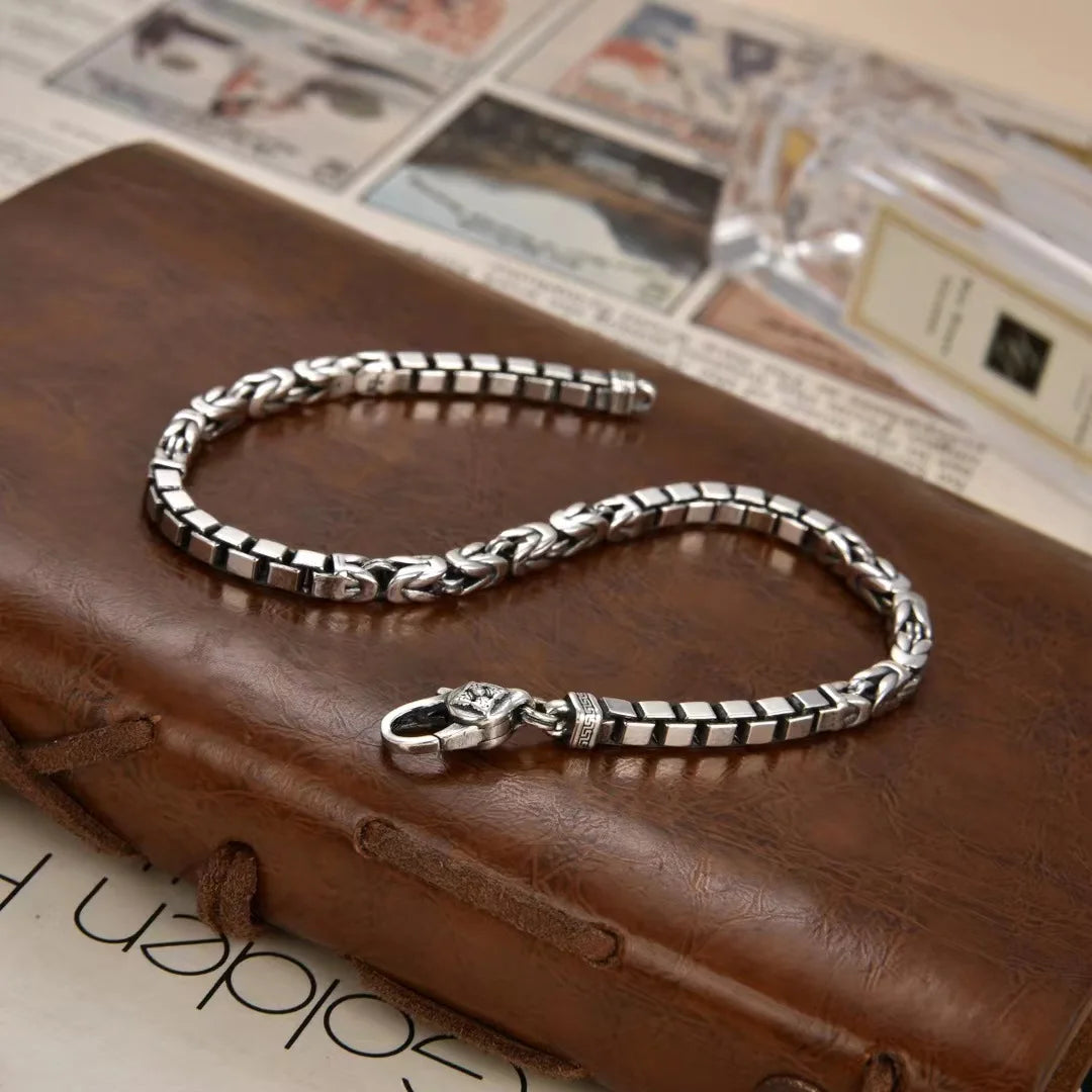 S925 Sterling Silver Personalized Fashion Ping An Pattern, Box Spliced Square Bracelet Gift for Men and Women