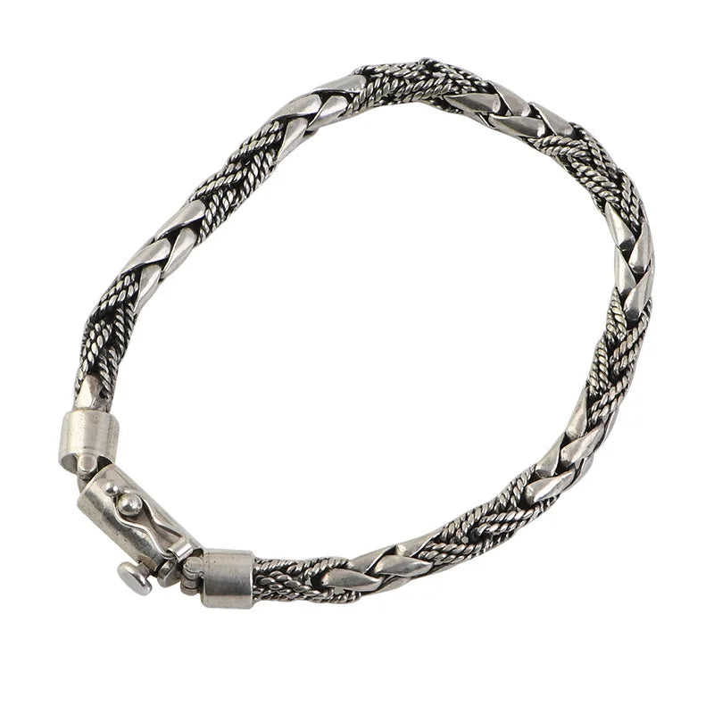 BOCAI New S925 Silver Vintage Fashion Woven Whip Chain Men's Bracelet Gift