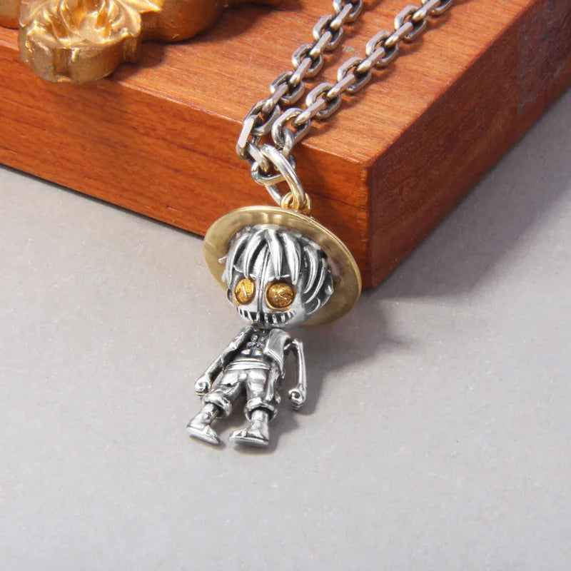 BOCAI New S925 Sterling Silver Vintage Personalized Trendy Cartoon Doll Straw Hat Man Pendant Male and Female