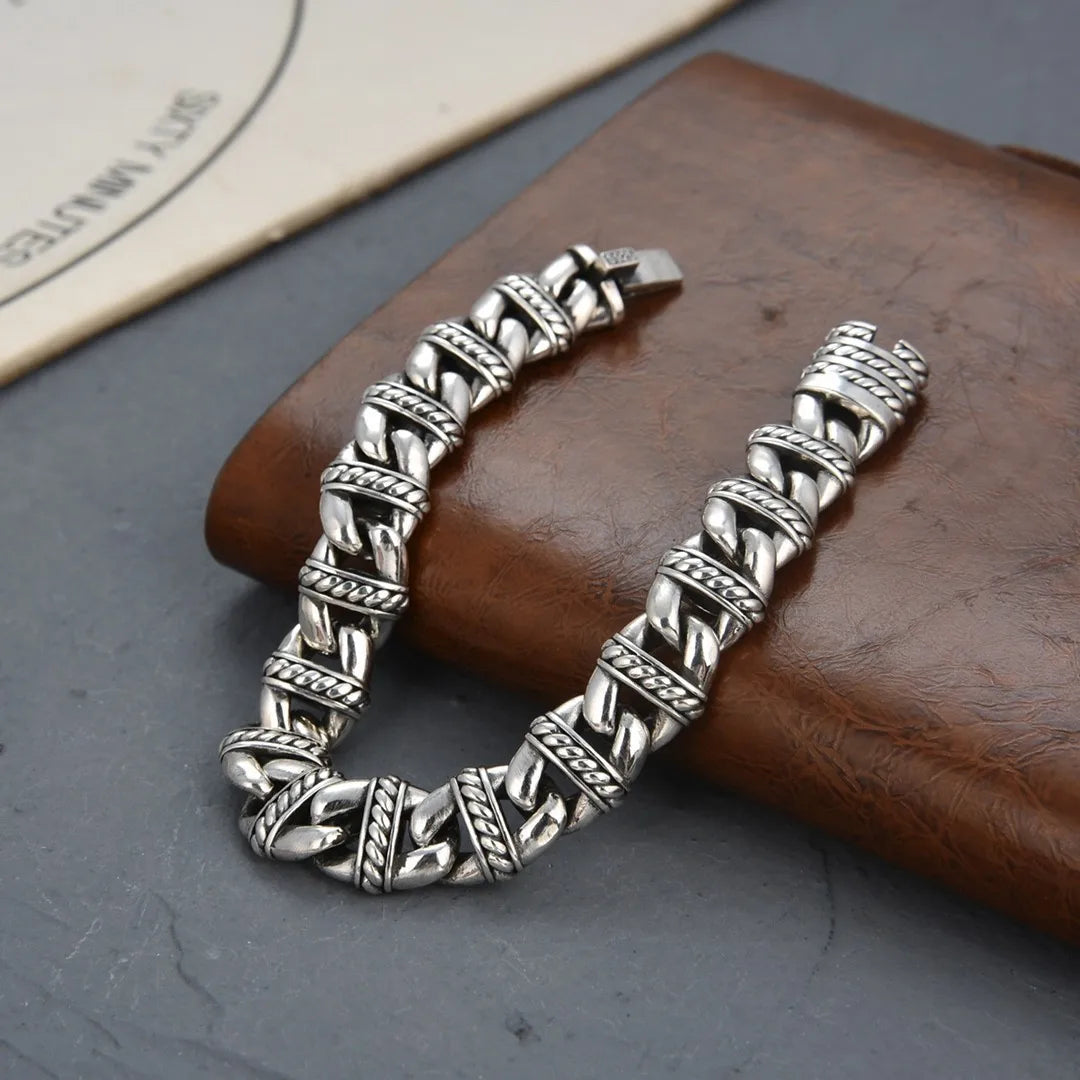 BOCAI Real S925 Silver Jewelry Personality Retro Woven Pattern Men's Bracelet Fashion Trend Birthday Gifts