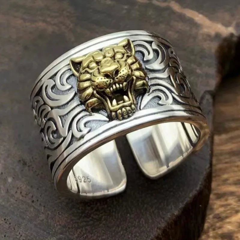 BOCAI NEW S925 Sterling Silver Vintage Domineering Wide Cut Tiger Head Ring Men's Gift