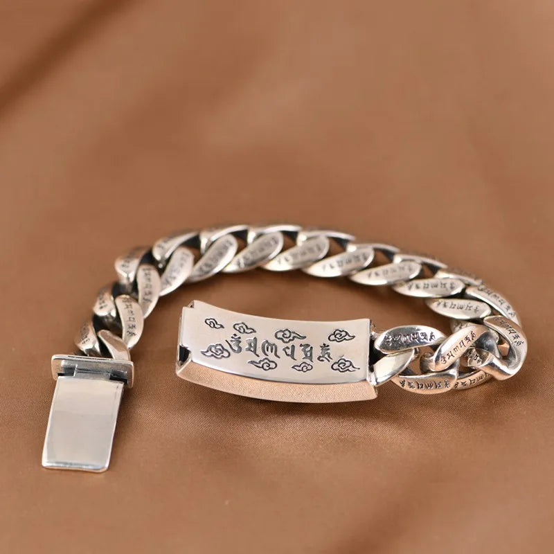 BOCAI New S925 Silver Retro Wide Edition Six Character Mantra Three-dimensional Pixiu Cuban Chain Men's Bracelet