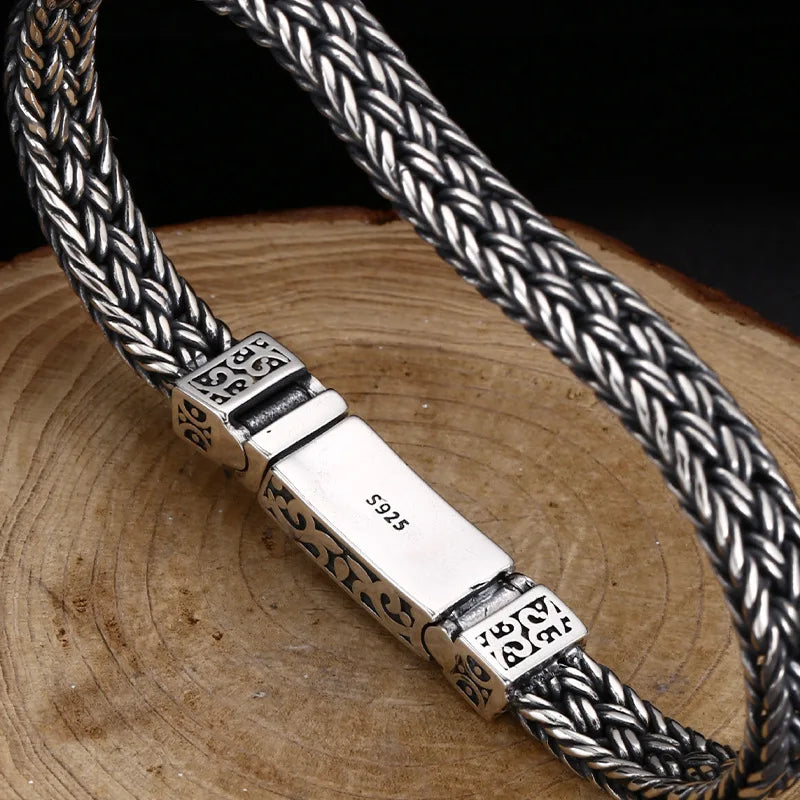 BOCAI New Real S925 Silver Bracelet for Man Personality Woven Bracelet 8MM Domineering  Retro Fashion Holiday Gifts