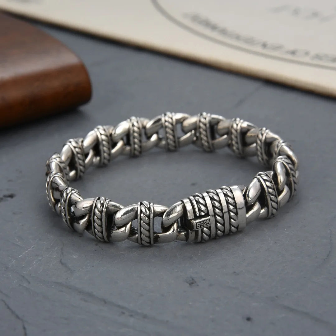 BOCAI Real S925 Silver Jewelry Personality Retro Woven Pattern Men's Bracelet Fashion Trend Birthday Gifts