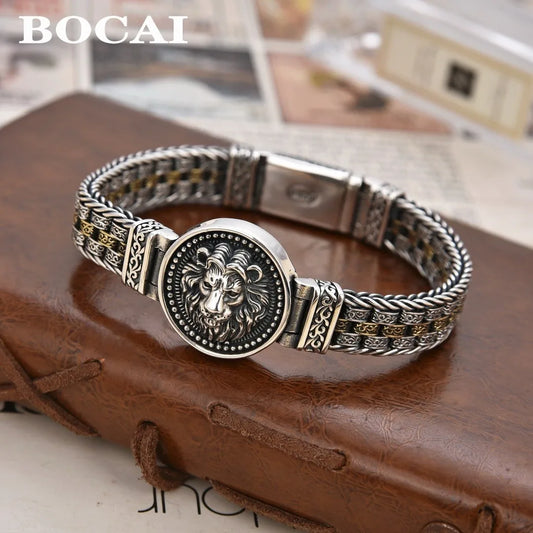 BOCAI 100% S925 Silver Jewelry Vintage Hand Woven Chain Vine Patterned Wide Lion Men's Bracelet （With certificate, no returns ）