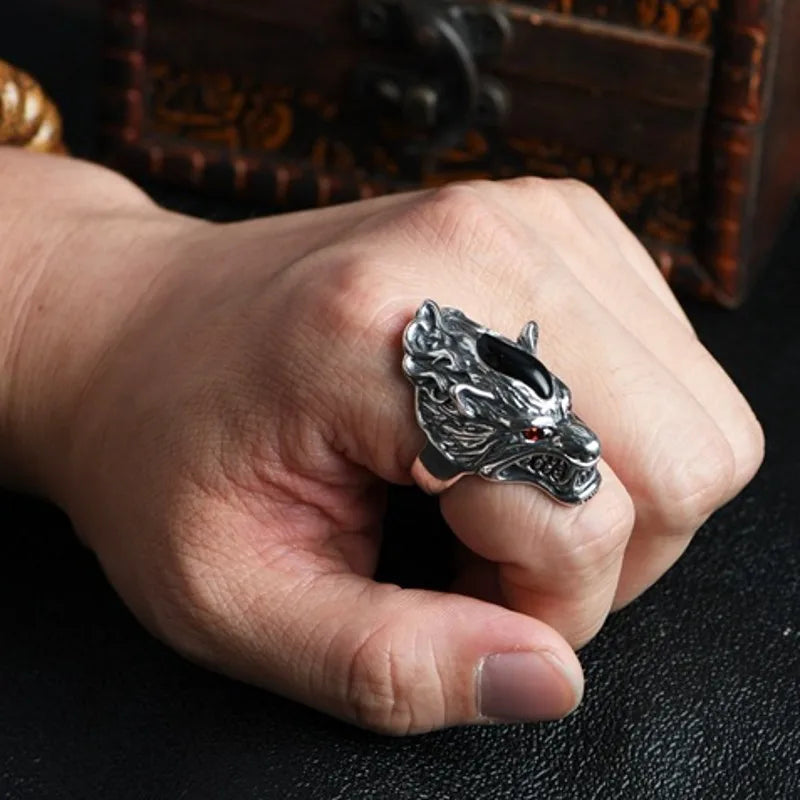 BOCAI New Real S925 Silver Punk Style Exaggerated Atmosphere Rough Wolf Head Man Ring Fashion Rock Jewelry Accessories