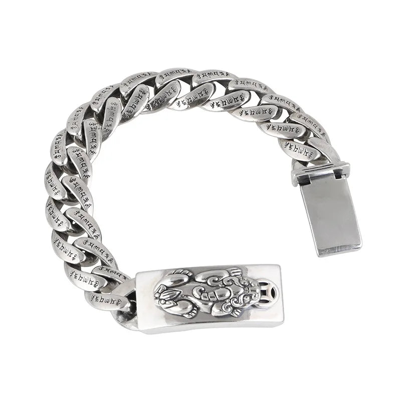 BOCAI New S925 Silver Retro Wide Edition Six Character Mantra Three-dimensional Pixiu Cuban Chain Men's Bracelet