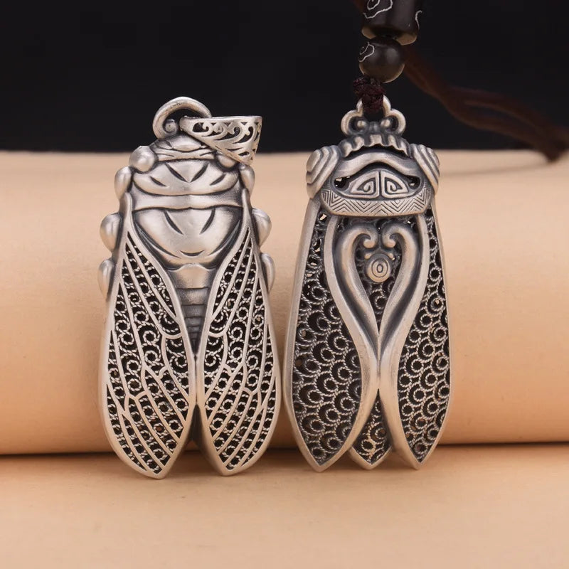 BOCAI NEW S999 Sterling Silver Retro Trendy Stunning Filigree Cicada Pendant Men's and Women's Gift