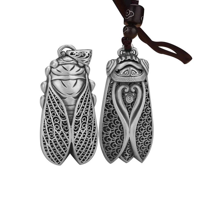 BOCAI NEW S999 Sterling Silver Retro Trendy Stunning Filigree Cicada Pendant Men's and Women's Gift