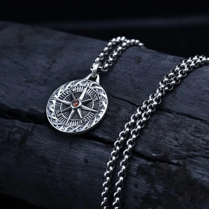 BOCAI New S925 Sterling Silver Retro Personalized Niche Seaboat Compass Pendant Male Female Gift