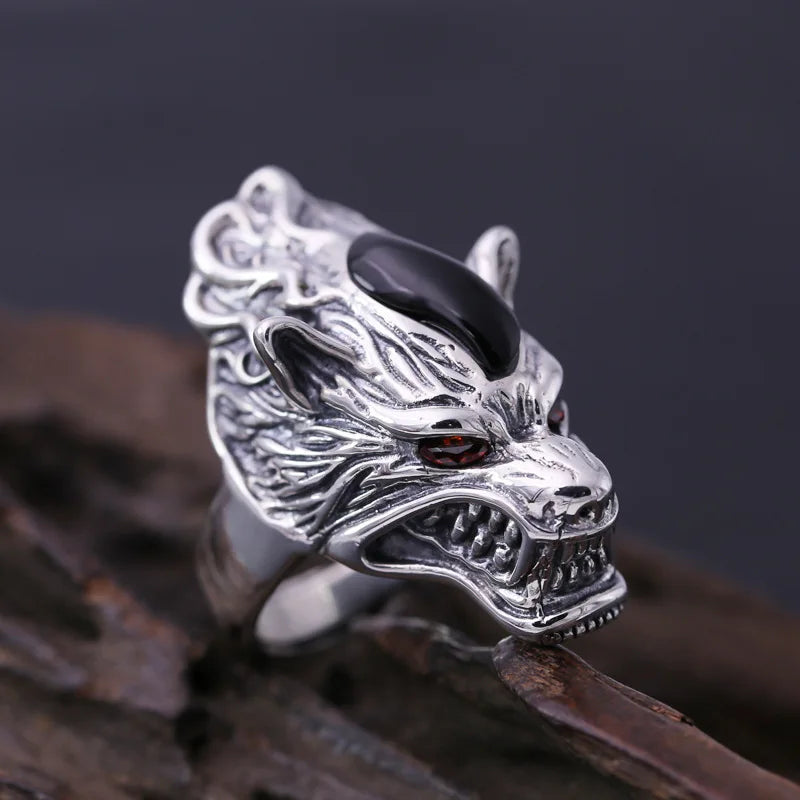 BOCAI New Real S925 Silver Punk Style Exaggerated Atmosphere Rough Wolf Head Man Ring Fashion Rock Jewelry Accessories