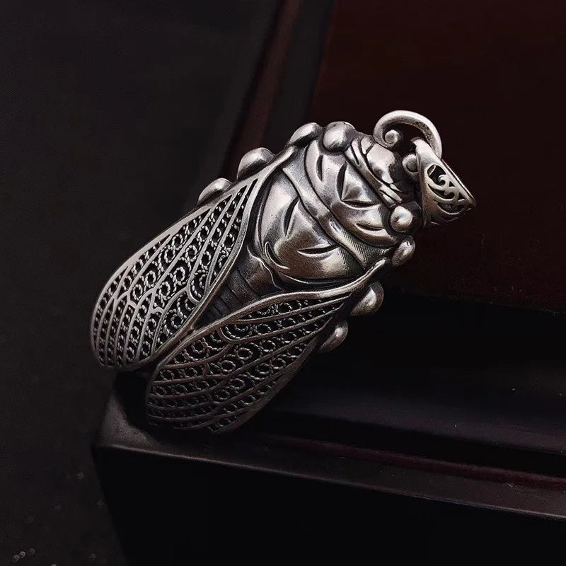 BOCAI NEW S999 Sterling Silver Retro Trendy Stunning Filigree Cicada Pendant Men's and Women's Gift