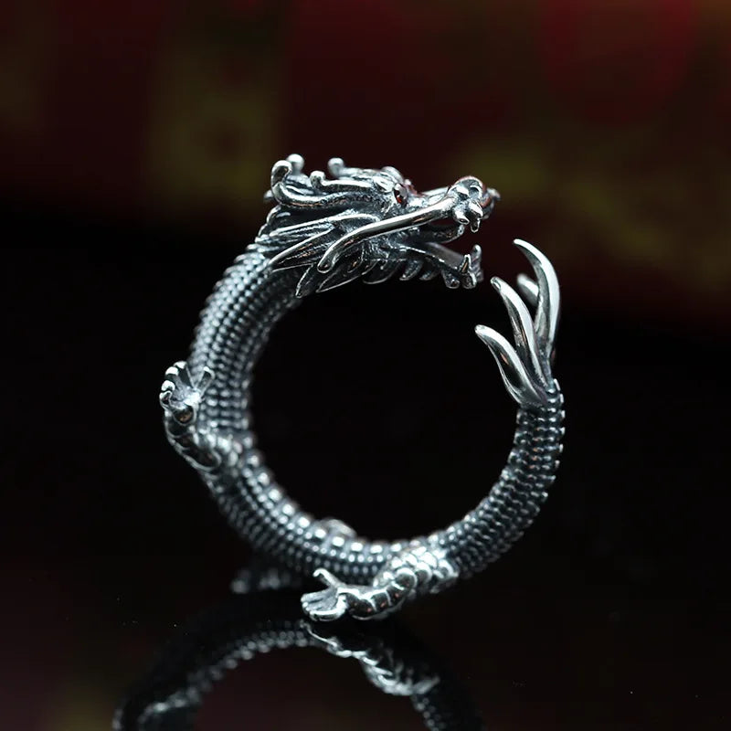 BOCAI Real S925 Sterling Silver Jewelry Handmade Vintage  Dragon Domineering Personality Trendy  Man Ring Opening