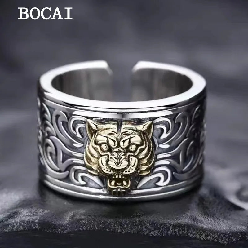 BOCAI NEW S925 Sterling Silver Vintage Domineering Wide Cut Tiger Head Ring Men's Gift