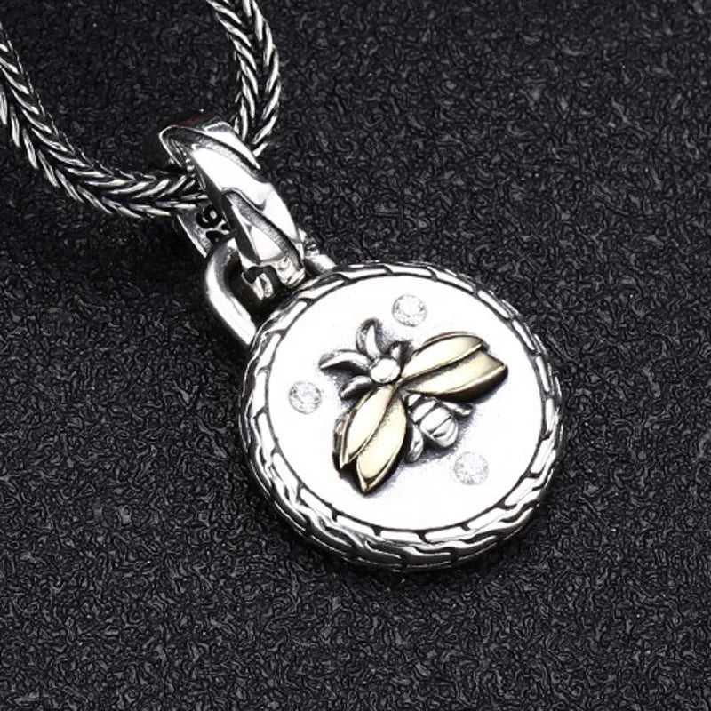 BOCAI New S925 Sterling Silver Retro Personalized Trendy Niche Round Card Little Bee Pendant Men Gift