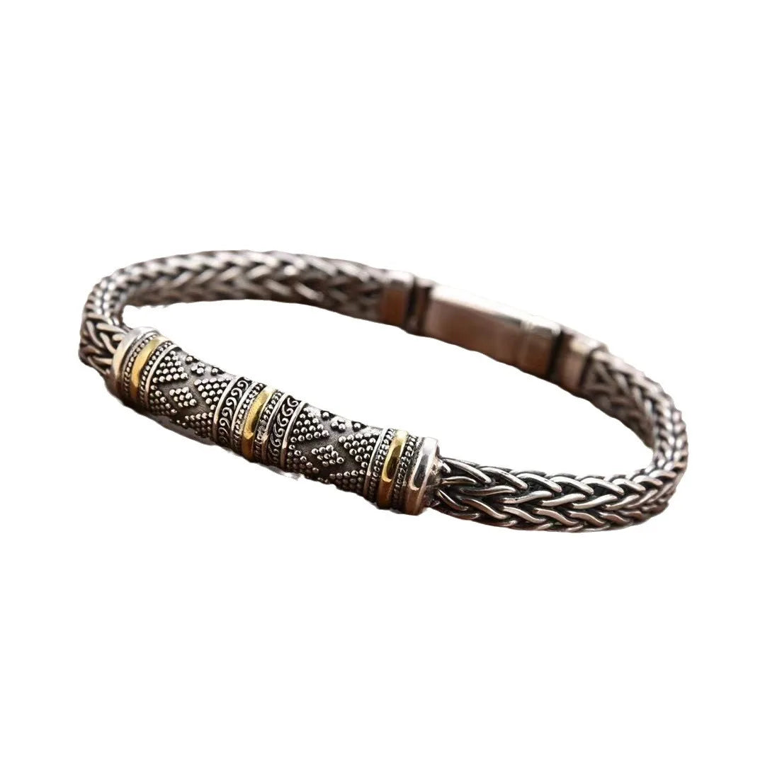 BOCAI New S925 Sterling Silver Retro Personalized Contrasting Colors Dotted Willow Nail Pattern Woven Bracelet Men's Gift