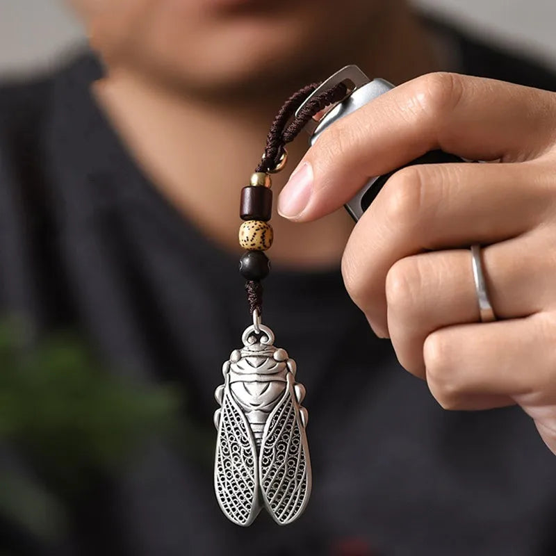 BOCAI NEW S999 Sterling Silver Retro Trendy Stunning Filigree Cicada Pendant Men's and Women's Gift