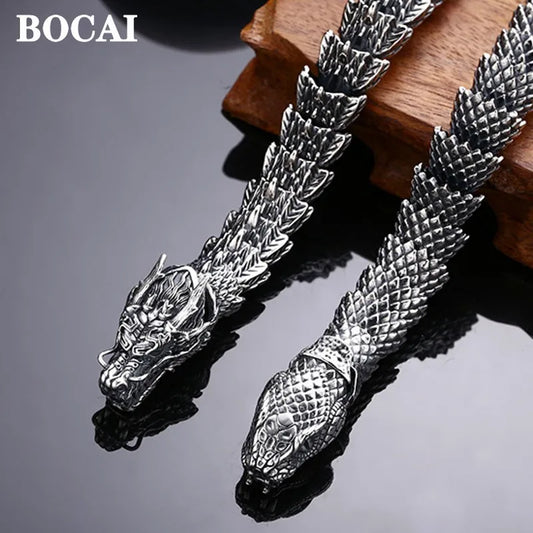 BOCAI New 100% S925 Silver Domineering Men's Bracelet Thick Dragon Python Trendy Personality Vintage Jewelry Accessories